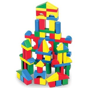 Melissa & Doug Set met houten bouwblokken | Houten Speelgoed | ontwikkelingsspeelgoed | Bouwspeelgoed voor kinderen | 100 blokken in 4 kleuren en 9 vormen | 3+ | Cadeau voor meisjes en jongens