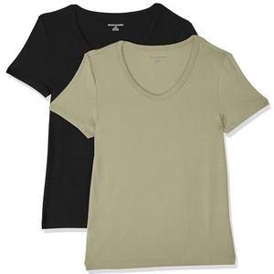 Amazon Essentials Dames T-shirt met korte mouwen en V-hals slim fit, zwart/saliegroen, maat XXL