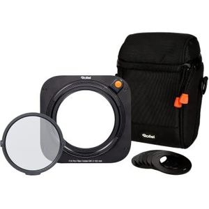 Rollei Set filterhouders MK 3. Rechthoekige filterhouder met magnetisch CPL-filter, adapterringen van 52 tot 82 mm en filterzak