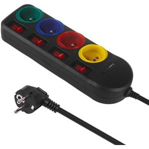 Maclean MCE508 B - stekkerdoos - 4-voudige verlengkabel + USB A/C, met schakelaars - 250VAC/10A - 1,5m - zwart