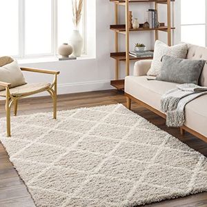 Surya Toledo Shaggy Berber tapijt, pluizig tapijt voor woonkamer, eetkamer, slaapkamer, abstract hoogpolig tapijt, wit, pluizig, onderhoudsvriendelijk, groot tapijt, 200 x 274 cm, wit