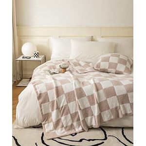 ZASTION Superzachte en behaaglijke geruite deken van microvezel gebreid licht fleece voor bank bed reiscrème 51 x 63 cm