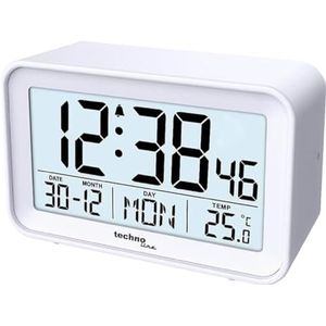 technoline WT497 Moderne digitale wekker met binnentemperatuur, datum, weekdag, alarm en snooze, wit