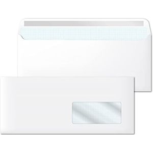50 witte Amerikaanse papieren enveloppen met venster rechts, afmetingen 220 x 110 mm, witte enveloppen voor brieven en documenten, 90 g/m² enveloppen met zelfklevende sluiting, 50 stuks