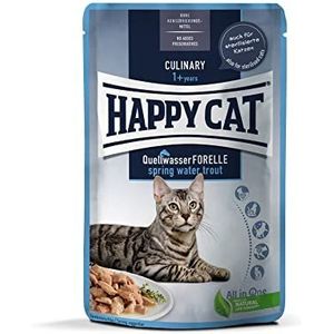Happy Cat Culinary Meat in saus bronwater forel, natvoer voor volwassen katten en houten bek, 85 g