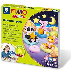STAEDTLER FIMO Kids Dreamy-Pets 8034 28 LY Speel- en modelleerset, bijzonder zachte boetseerklei, spannende projecten geschikt voor kinderen, bevordert de fijne motoriek en creativiteit