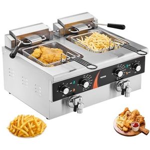 VEVOR Elektrische commerciële friteuse met dubbele badkuip, 3000 W, 2 x 8,5 l oliefriteuse met 2 manden, 1 mm dik roestvrij staal, temperatuurtijdregeling, voor gebruik