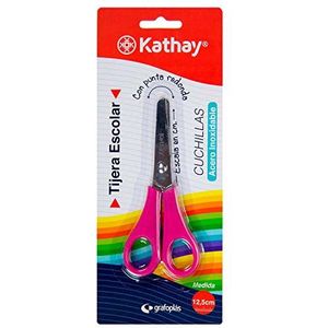 Kathay 86421599 Schoolschaar 12,5 cm, ronde punt, roestvrijstalen messen, willekeurige kleuren: blauw, rood, roze