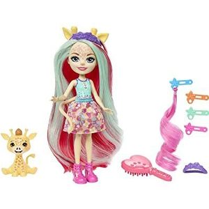 Enchantimals Giraffe Deluxe Doll: de Gillian Giraffe-pop is de binnenkant van stijl met superlang haar en wordt geleverd met hun beste vriendjespop en 5 haaraccessoires