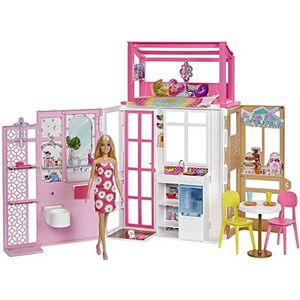 Barbie Poppenhuis met Barbie pop en huis met 2 niveaus en 4 speelplaatsen, volledig ingericht, met puppy en accessoires, cadeau voor kinderen vanaf 3 jaar, HHY40