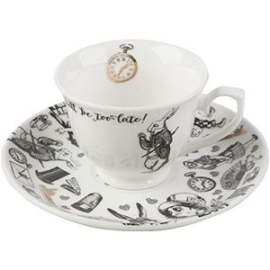 V&A Alice in Wonderland porseleinen kop en schotel, wit met klassiek Alice in Wonderland-motief en gouden details, luxe geschenkdoos met lint