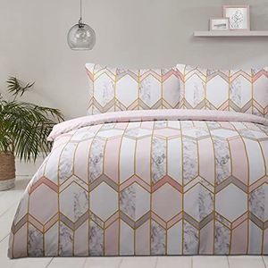 Sleepdown Super King Dekbedovertrekset met geometrisch metallic marmerpatroon, omkeerbaar, zacht, comfortabel, onderhoudsvriendelijk, 260 x 220 cm