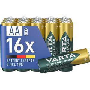 VARTA AA-batterijen, oplaadbaar, 16 stuks, Power on Demand-batterij, oplaadbare batterij, 2100 mAh Ni-MH, zonder geheugeneffect, voorgeladen, klaar voor gebruik [exclusief op Amazon]
