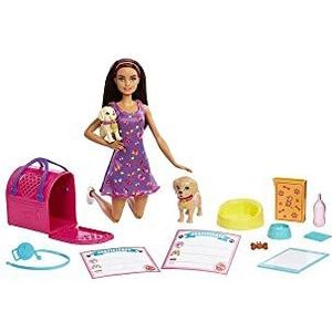 Barbie Adopt puppy's, pop met paarse jurk, puppy's en accessoires om voor hen te zorgen, speelgoed + 3 jaar (Mattel HKD86)
