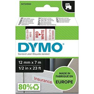 Dymo D1 standaard etiketten, 12 mm x 7 m, rood op wit