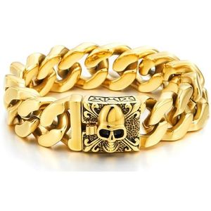 COOLSTEELANDBEYOND Heren grote roestvrijstalen pantserketting armband AVCE leliebloem en schedel, gothic biker, gepolijst mirro, Roestvrij staal, Geen edelsteen