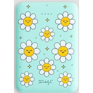 Mr.Wonderful Externe batterij voor mobiel design, madeliefjes, 2 USB-poorten, voor het opladen van 2 apparaten, compact formaat, 2 tot 3 volledige ladingen, 5000 mAh