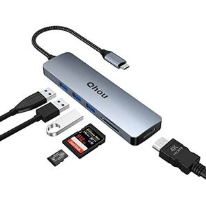 Qhou Adaptateur Ethernet USB C, adaptateur multiport 6 en 1, adaptateur HDMI 4K, 3 ports USB 3.0, lecteur de carte SD/TF, hub USB LAN compatible avec MacBook Pro, ultra fin
