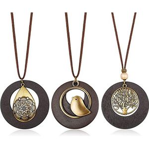 Adramata 3 stuks handgemaakte vintage houten hangers met schattige bedels lange leren ketting trui ketting voor meisjes vrouwen hout, Hout