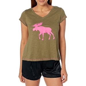 Hatley Pyjamabop met korte mouwen en V-hals voor dames, eland roze op groen, XL, eland roze op groen