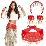 Boland 00458 - Gypsy Set Rood, hoofdband, armbanden, ceintuur, buikdans, goud, muntjes, kralen, hippe swing, dans, carnaval, halloween, themafeest, themajurk, theater, accessoire