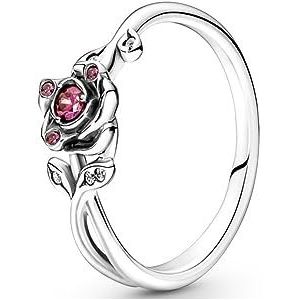 Pandora Disney Beauty and the Beast Ring in roze sterling zilver met rode en transparante zirkonia, maat 14, Sterling zilver, Zirkonia