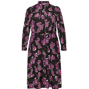 Kaffe Curve Kaffe Curve Damesjurk met grote maat, midi-lengte, lange mouwen, knopen, regular fit, jurk voor dames, Fuchsia rode bloemenprint