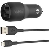 Belkin Autolader met twee USB-poorten (24 W) met Lightning-kabel (Boost Charge autolader, 2-poorts USB-autolader; autolader voor iPhone, iPad en AirPods)