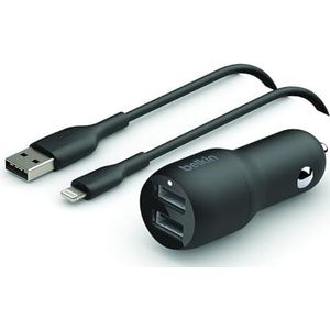 Belkin Autolader met twee USB-poorten (24 W) met Lightning-kabel (Boost Charge autolader, autolader met 2 USB-poorten; autolader voor iPhone, iPad en AirPods)