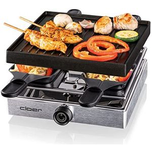 Cloer 6454 Grillwisser met gegoten aluminium plaat, 4 raclette-pannen met antiaanbaklaag, kunststof spatel, onverwarmde parkeerplaats, 750 W, aluminium