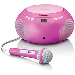 Lenco SCD-620 CD-speler voor kinderen, cd-speler, radio met microfoon, karaoke-speler, titelgeheugen, FM-ontvanger, 2 x 1 W RMS AUX-IN roze