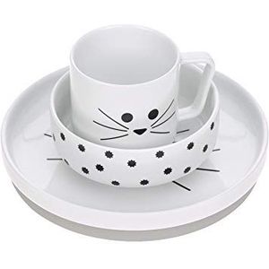 LÄSSIG Servies porselein kinderserviesset, bord, kom, mok met siliconen ring, antislip, kinderservies/Little Chums Cat grijs