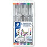 Staedtler Pigment Liner Colour, zeer fijne viltstiften met gepigmenteerde gekleurde inkt, kleurvast om te schrijven en te tekenen, extra fijne punt van 0,3 mm, ezeletui met 6 basiskleuren, 30803-SSB6