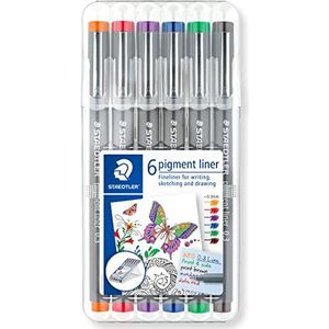 Staedtler Pigment Liner Colour, zeer fijne viltstiften met gepigmenteerde gekleurde inkt, kleurvast om te schrijven en te tekenen, extra fijne punt van 0,3 mm, ezeletui met 6 basiskleuren, 30803-SSB6