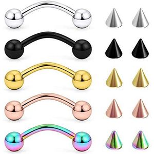 VFUN 14G 16G piercing, arcade, wenkbrauwringen, gebogen barbell, oorpiercing, helix, tragus, lippiercing, navel, ringen, chirurgisch staal, met reservepunt, 10-18 mm, Zonder steen