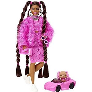 Barbie extra pop nr. 14 in roze, 2-delige outfit en glinsterende jas met puppy, extra lang haar en accessoires, beweegbare gewrichten, vanaf 3 jaar, HHN06