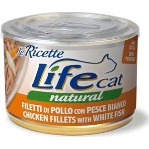 Life Cat Natural recepten, kip en witvis, 150 g blik met deksel, bespaart afval.