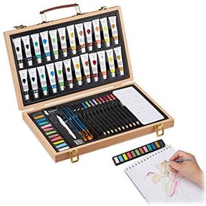 Relaxdays 56-delige houten schilderkoffer tekenset met gum, puntenslijper, kleuren en potloden, aquarel, natuur, 27 x 37 x 5 cm