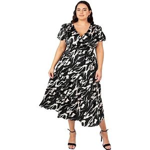 Lovedrobe Dames zomerjurk oversized diepe kraag pofmouwen kant rug hoge taille marmer print 50, marmeren print