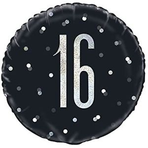 Unique Party 83342 - ballon voor de 16e verjaardag - 45 cm - verjaardagsfeest motto zwart en zilver glitter