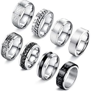 LOLIAS 8 ringen voor heren roestvrij staal roterende flesopener vintage zilveren ringen voor mannen ring zwart cadeau maat 14-30, Zilver