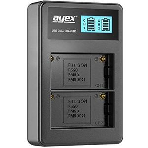 ayex Dubbele USB-oplader voor Sony Li-Ion batterijen type NP-F550 - opladen via USB-aansluiting, laptop, powerbank of pc - LCD-display met laadstatusindicator