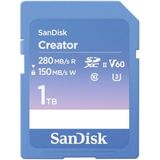 SanDisk Creator SD UHS-II SD-kaart, 1 TB SD-kaart V60, 6K & 4K UHD, leessnelheid tot 280 MB/s, RescuePRO Deluxe gegevensherstelsoftware, Class 10, U3