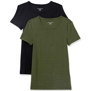 Amazon Essentials Set van 2 T-shirts voor dames met korte mouwen en ronde hals, slim fit, donkerolijf/zwart, maat XS