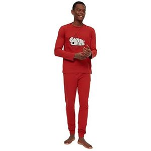 Trendyol Heren pyjama set met geweven slogan t-shirt, rood ruitpatroon, L, Rode tegel.