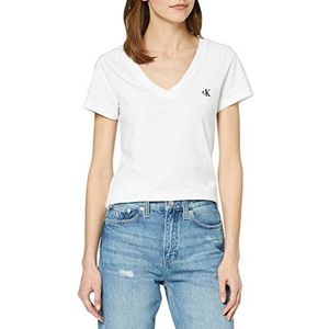Calvin Klein Jeans Ck Embroidery Stretch V-hals T-shirt voor dames, Stralend wit.
