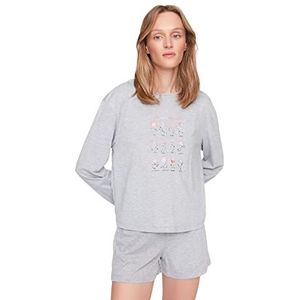 Trendyol Dames pyjama kort met gebreide slogan in het midden, grijs, M, grijs.