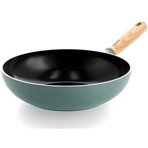 GreenPan Mayflower Healthy keramische wokpan met antiaanbaklaag, 28 cm/3,7 liter, vintage houten handvat, PFAS-vrij, inductie, smoky blue, blauw