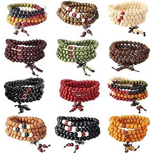 YADOCA 12 stuks elastische armbanden voor dames en heren, Boeddha, mala, houten ketting, kralenarmband, uniseks, 8 mm, 31 inch, hout, Hout