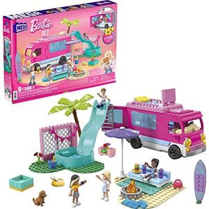 MEGA Barbie Super avonturencamper: 580 bouwstenen, achter 4 kleine Barbie-poppen om samen te stellen, 1 heupen, accessoires voor kleding en eten